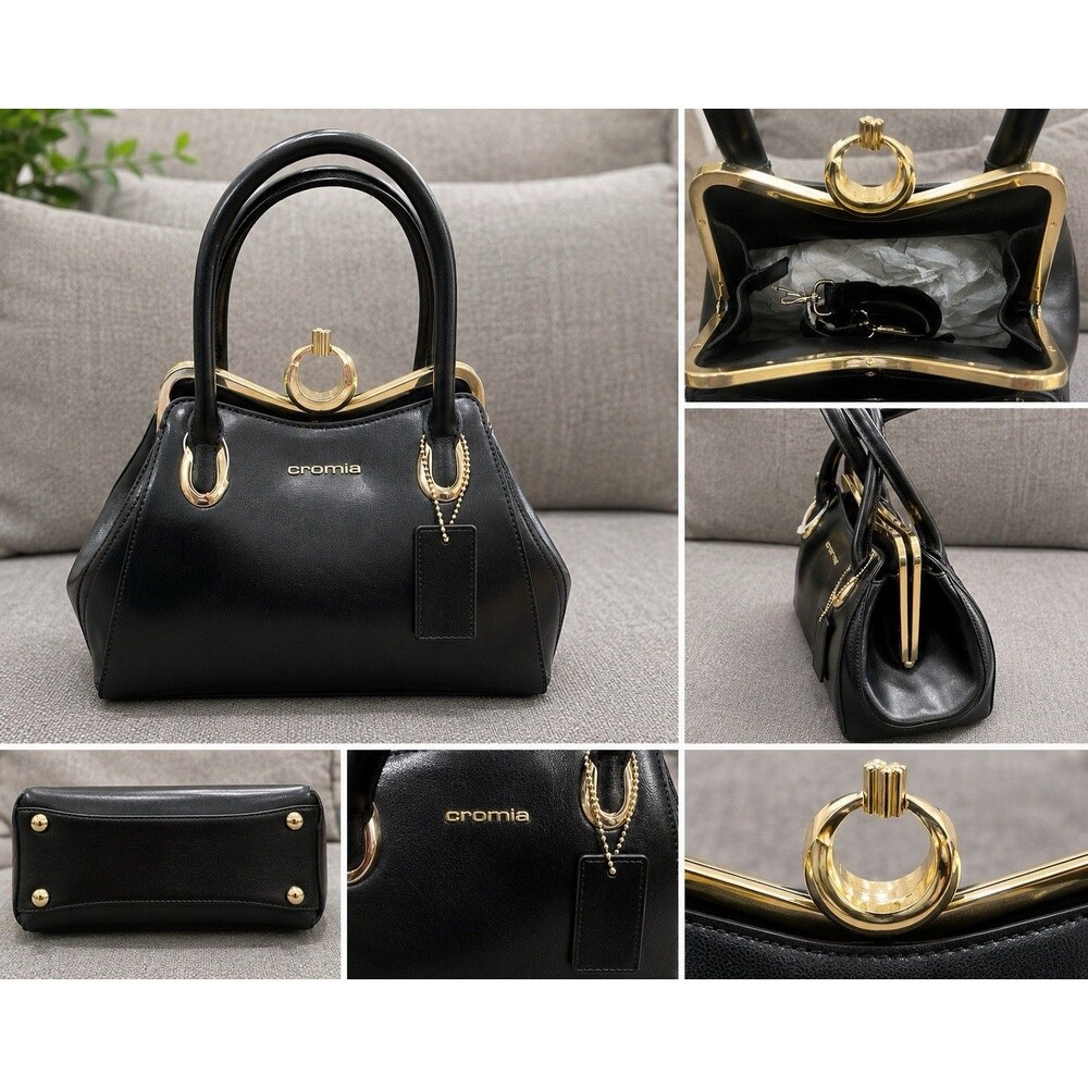Cromia Italy Black Leather Satchel Handbag Gold Hardware Top Handle Purse